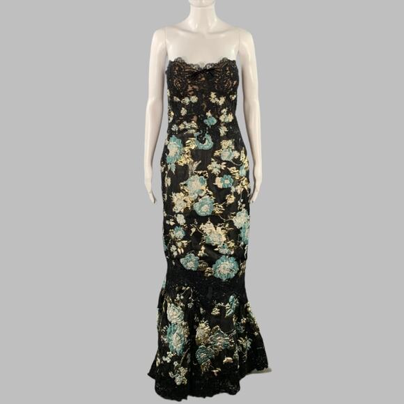 MARCHESA 4 Black Sage Gold Abstract Floral Jacquard Strapless Long Evening Gown - Picture 1 of 8